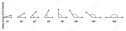 Set of Various Angle icon set. 15, 30, 45, 60, 90, 120, 140, 180 degree icon. Education geometry symbols and trigonometry icon.