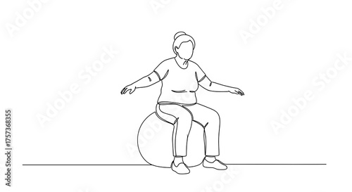 Elderly woman exercising on fitness ball in a line art black and white minimalist style  