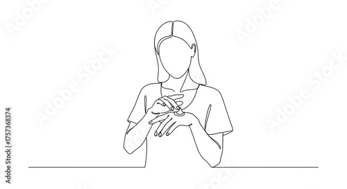 Woman wearing ring and adjusting it with hands in minimal line art style  