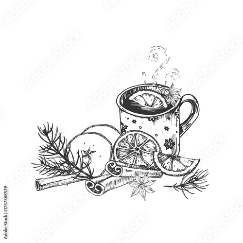 Mulled wine in a mug: a hand-drawn ink vector illustration. Black and white sketch with the hot drink, spices, cinnamon, anise, apple, fir branches, and a candle. For Christmas cards and labels.