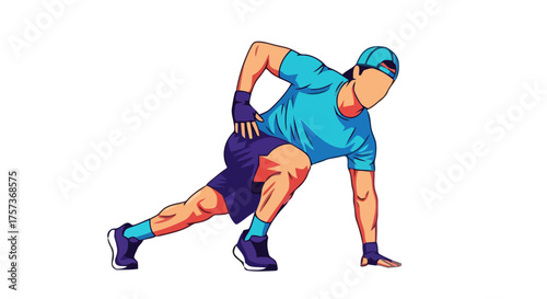 Man in blue tshirt and shorts performing dynamic exercise move