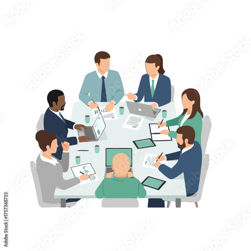 Diverse group business professionals are gathered around conference table, actively engaged in meeting, discussing ideas, and collaborating on projects using laptops and tablets