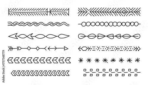 Collection of hand drawn abstract geometric tribal borders and decorative elements in black ink