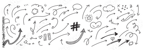 Collection of hand drawn sketchy arrows and symbols in a chaotic doodle style on white background