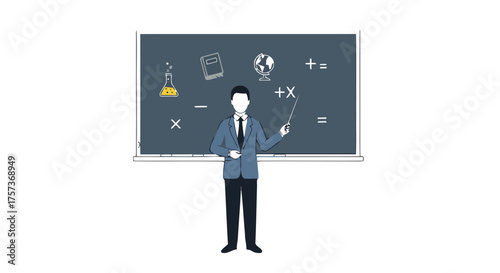 Teacher or professor standing in front blackboard with mathematical equations and educational symbols