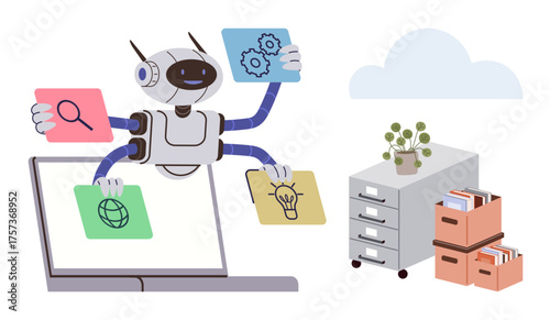 Robot with multitasking arms organizing tasks thumbs up innovation, research, data, and collaboration on a laptop. Filing cabinets, decor, and storage suggest productivity. Ideal for AI, efficiency