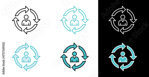 Person surrounded by arrows icon for customer relationship management in line and fill style