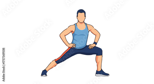 Fit man in athletic wear, including blue tank top and dark leggings with red stripes, performs wide lunge stretch, demonstrating flexibility and strength