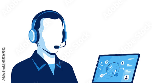 Person wearing headset and looking at laptop screen with diagram