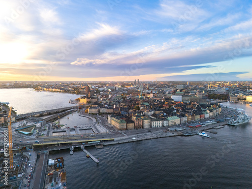 Photography Beautiful autumn sunset sky on the old town of Stockholm, Sweden, with colorful