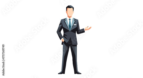 Professional businessman in dark suit and tie, standing and gesturing with his hand