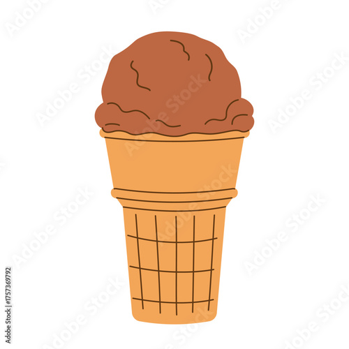 Hand drawn flat chocolate ice cream scoop in waffle cup, frozen dessert gelato isolated on transparent background. Element for National Ice Cream Day, menu, banner. Vector illustration EPS10	