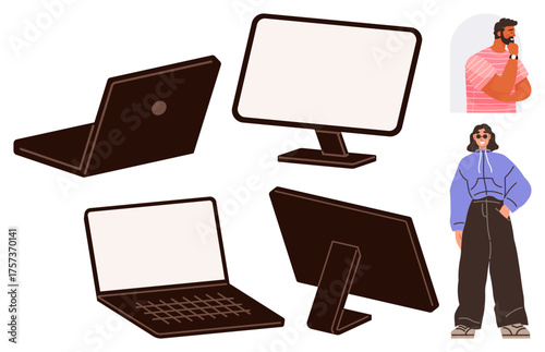 Laptops, monitors, and two individuals in casual outfits. Ideal for technology, remote work, communication, diversity, online learning modern life digital connection. Simple flat metaphor
