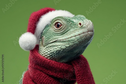 Cute Wild Animal Head Wear Santa Claus Hat. Snake Wearing Santa Hat, Warm Scarf . Green Background. Merry Christmas, New Year Card. Dragon in Red costume. Adorable Animals in Winter Holiday Headdress