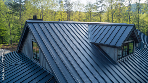 立平葺き金属屋根の整然とした縦リブとミニマルドーマー、人物なし