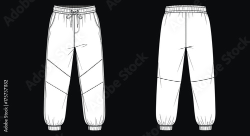Jogger pants sketch, technical flat, fashion design, front and back view, elastic waistband, drawstring, seam detail, apparel illustration, garment construction
