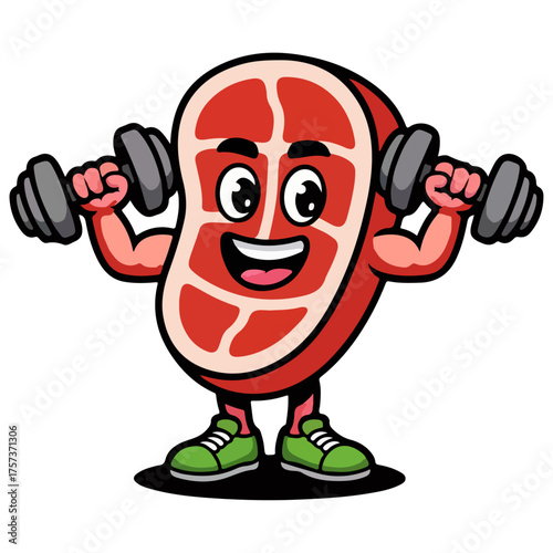 Meat Cartoon Character Lifting Dumbbell Vector Illustration Funny Fitness Food Mascot Isolated on White Background