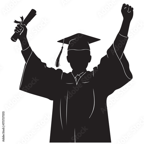 Triumphant Graduate Silhouette with Diploma and Raised Fist