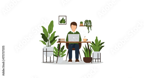 Man working on laptop surrounded by houseplants in home office