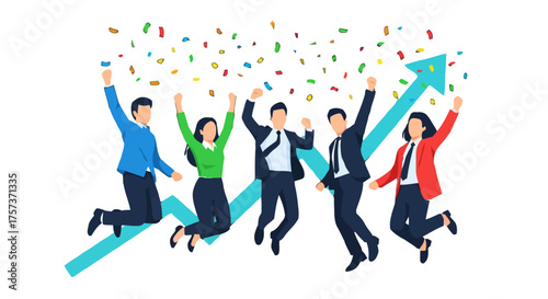 Diverse group business people jumping in the air with confetti falling around them, celebrating success and growth