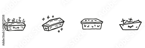 Coffin And Burial Line Icon Set In Doodle Style. Funeral, Burial Practices, And Memorial Symbolism Outline Sketch Collection. Hand Drawn Isolated Vector Illustration