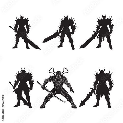 Dark Warrior Silhouette Set – Fantasy Sword Fighters and Armored Fighters Vector Illustration