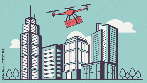 A red drone carrying a package flying over a cityscape with skyscrapers and trees on a light blue background