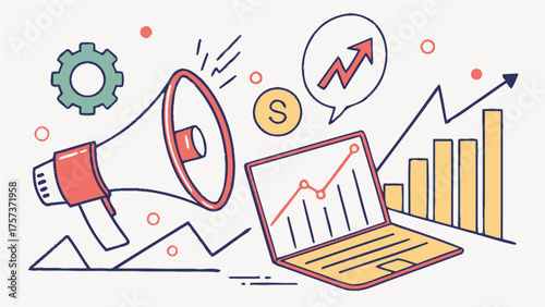 A digital marketing illustration featuring a laptop, megaphone, chart, gear, and upward trending arrow