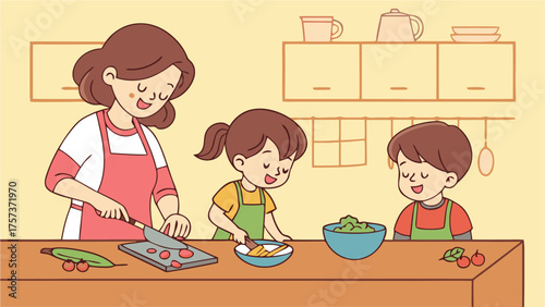 A woman and two children are in a kitchen preparing food together with a bowl and cutting board on counter