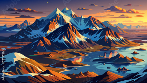 Very beautiful panoramic aerial view of a mountain range with snow-capped crests over Dutch Harbor / Amaknak Island at sunset, Unalaska, Alaska, capturing dramatic light, cold tones, and majestic wild