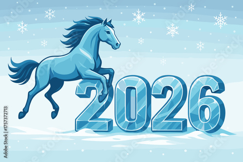 Blue horse jumping over ice numbers 2026 in winter landscape with snowflakes
