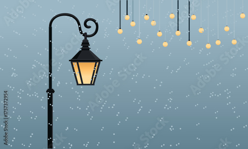 Bright light from a lantern at night in a snowstorm