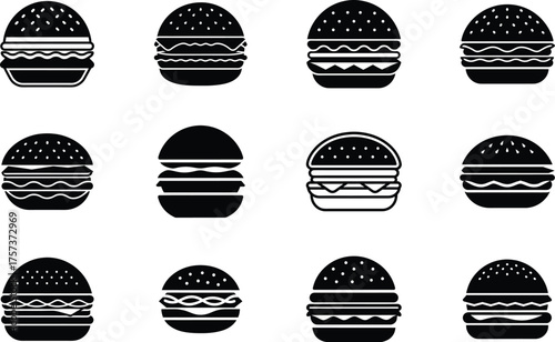 Set of Black and White Burger Icons Minimal Food Vector Collection