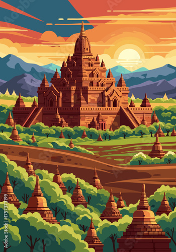 Vibrant illustration of a majestic ancient temple sanctuary in a lush valley at golden hour sunset