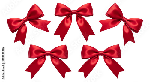 Five red satin bows isolated on transparent background, perfect for gift wrapping, decoration, and festive occasions