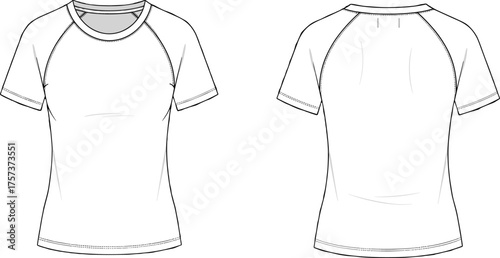 Technical flat sketch, crew neck t-shirt, raglan sleeve design, fashion illustration, garment template, apparel vector, clothing outline, sewing reference