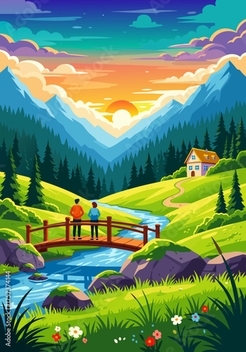 Couple on a bridge enjoys a colorful sunset over a tranquil mountain valley with a winding river and a charming house
