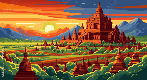 Scenic illustration of Bagan temples in Myanmar during sunset with vibrant colors and stylized art