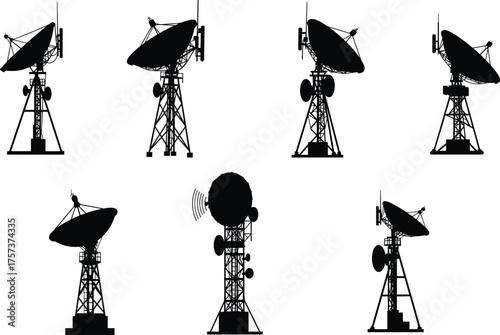 Satellite dish, communication tower, antenna, signal transmission, broadcasting, telecom, silhouette, wireless, data, network, infrastructure, technology, global, digital, connection, 