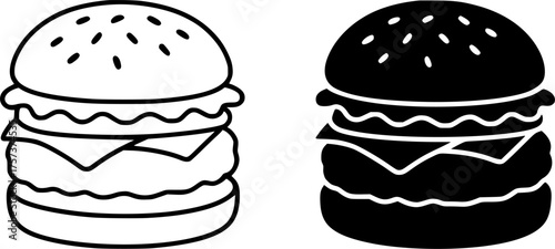 Burger, black and white vector, outline and silhouette versions