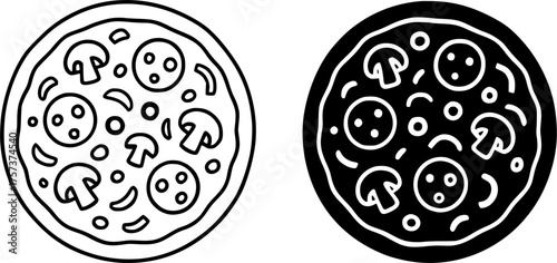 Italian pizza, black and white vector, outline and silhouette versions