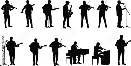musician, band, concert, performance, silhouette, jazz, rock, classical, guitar, piano, saxophone, violin, singer, music, stage, instrument, orchestra, entertainment, vector, illustration