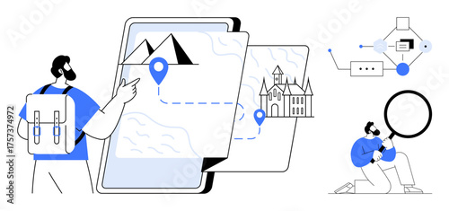 Traveler pointing at tablet with map, landmarks, magnifying glass, concept icons. Ideal for travel, navigation, digital exploration, technology analysis, innovation tourism simple flat metaphor