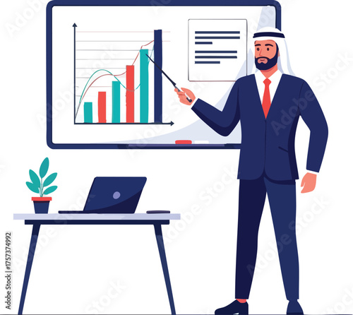 Arab businessman presenting financial growth chart on whiteboard.