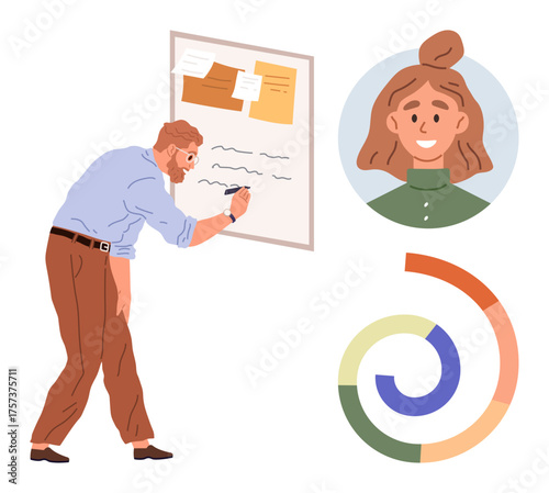 Man writing on board, female profile icon, color chart for planning, teamwork, data analysis, education, time management, organization, communication simple flat metaphor