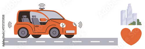 Orange self-driving car moving on road with signal waves, minimal city skyline, and a heart icon. Ideal for technology, transportation, innovation, urban mobility, sustainability, smart cities