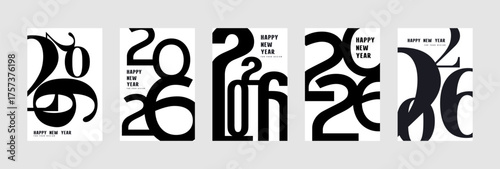 Happy new year 2026 poster set. Black and white typographic theme