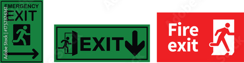 Emergency Exit Icon set. Vector illustration of running man and exit door sign. Escape and evacuation symbol. Various exit sign isolated white background.Evacuation and relocation of people to safety.