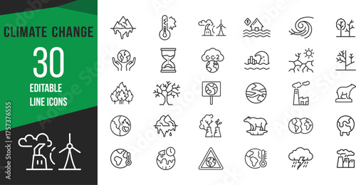 Climate change icons illustrating environmental issues and solutions