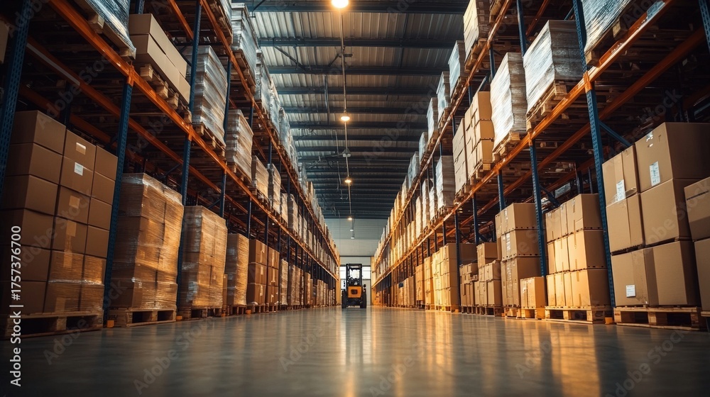 Fototapeta premium A spacious warehouse filled with stacked boxes on metal shelves, illuminated by overhead lights, creating a structured and organized environment.